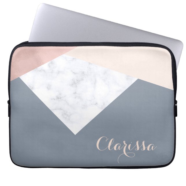 elegant marble rose gold grey beige geometric laptop sleeve (Front)