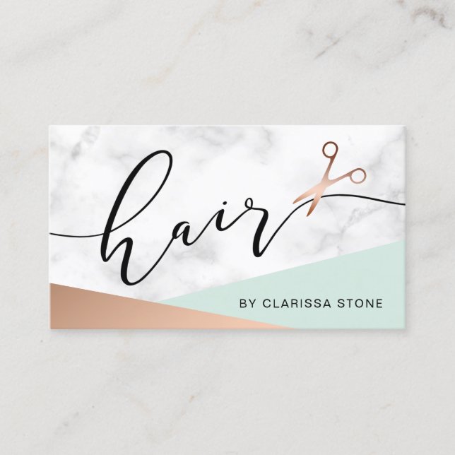 Elegant marble & rose gold scissors hairstylist  b business card (Front)