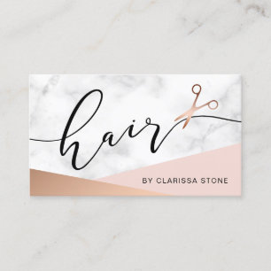 Elegant marble & rose gold scissors hairstylist  b business card