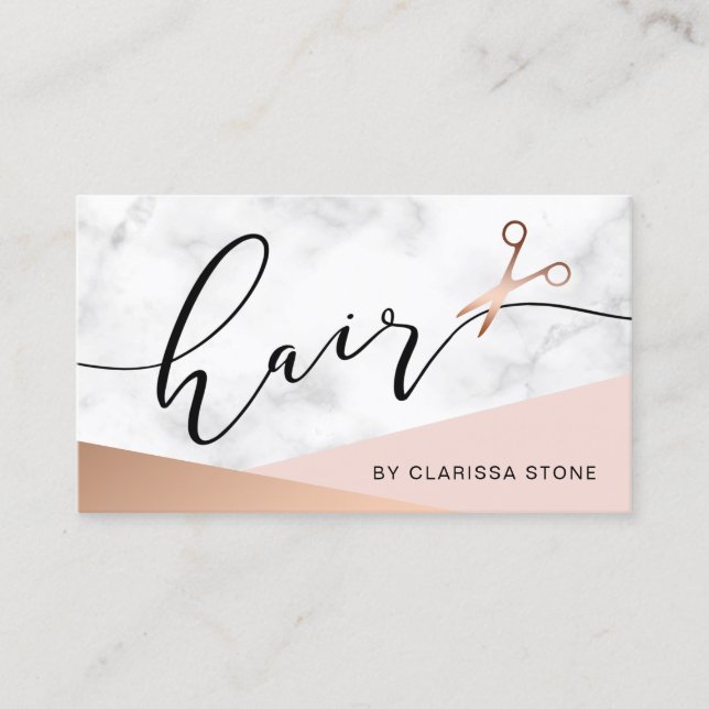 Elegant marble & rose gold scissors hairstylist  b business card (Front)