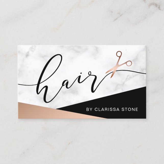 Elegant marble & rose gold scissors hairstylist business card (Front)