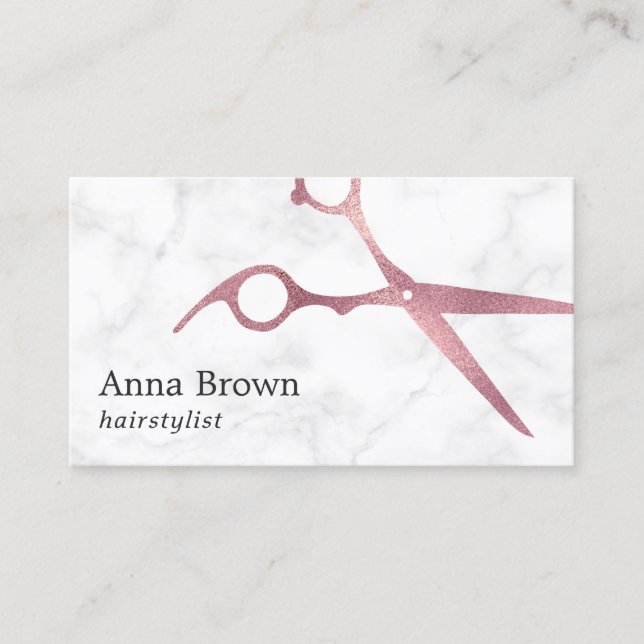 Elegant marble & rose gold scissors hairstylist business card (Front)