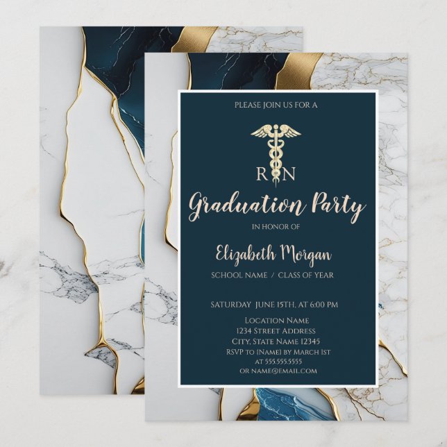 Elegant Marble Stone Gold Nurse Graduation Party Invitation (Front/Back)