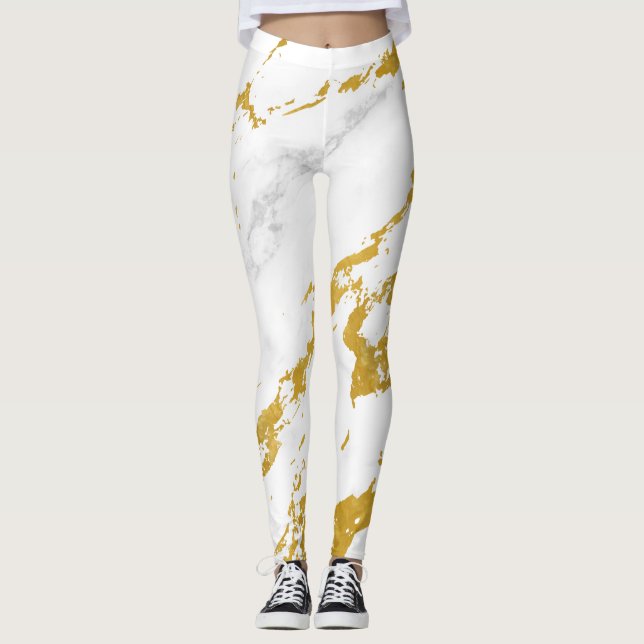 Elegant Marble style6 - Gold and White Leggings (Front)