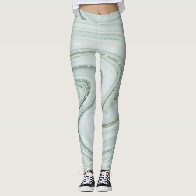 Elegant Marble Swirl Silver Glitter Sparkle Glam Leggings (Front)