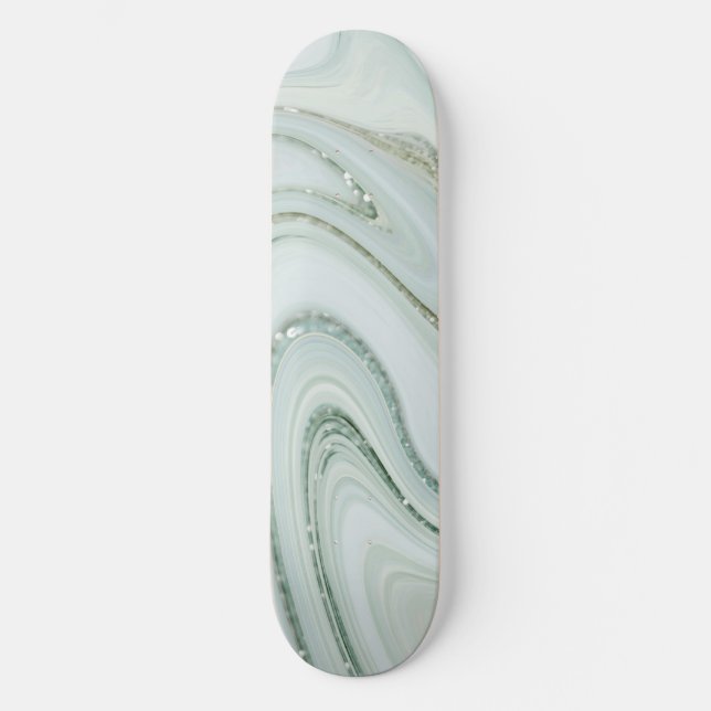 Elegant Marble Swirl Silver Glitter Sparkle Glam Skateboard (Front)