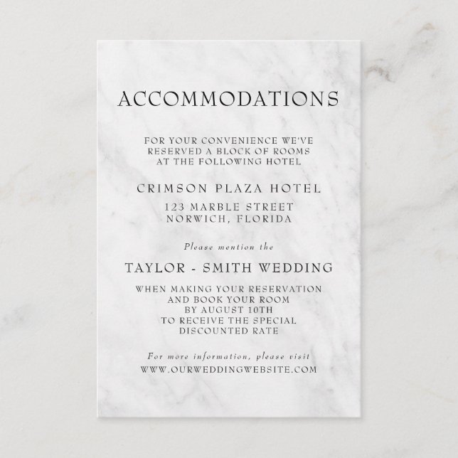 Elegant Marble Trendy Wedding Accommodations Enclosure Card (Front)