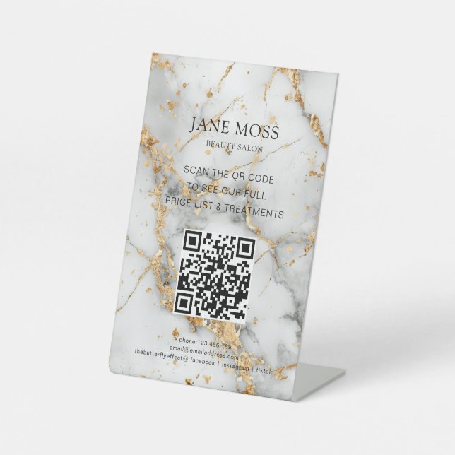 Elegant, Marble-White-Gold, Salon, QR-Code Pedestal Sign (Front)