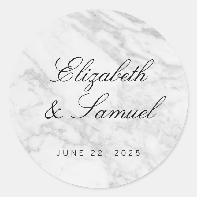 Elegant Marble White Grey Round Wedding Sticker (Front)