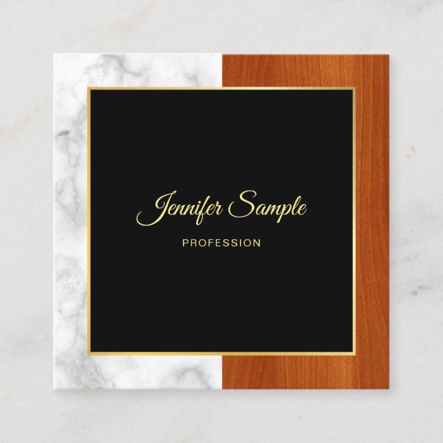 Elegant Marble Wood Gold Luxury Modern Plain Square Business Card (Front)