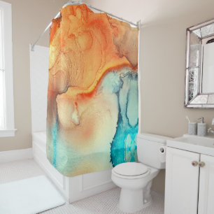 Elegant  Marbled Abstract Art Orange & Blue Shower Curtain