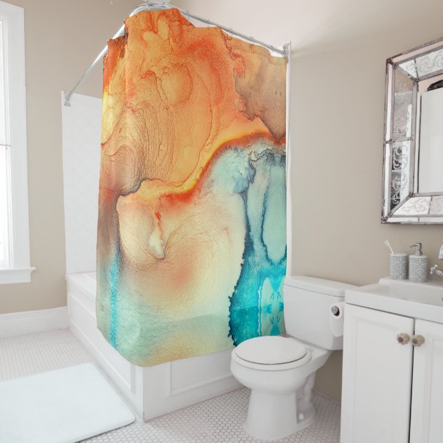 Elegant  Marbled Abstract Art Orange & Blue Shower Curtain (In Situ)