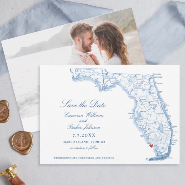 Elegant Marco Island Florida Wedding Navy Map Save The Date (Elegant Marco Island Florida Wedding sace the dates with navy blue map from Coastal Map Designs)