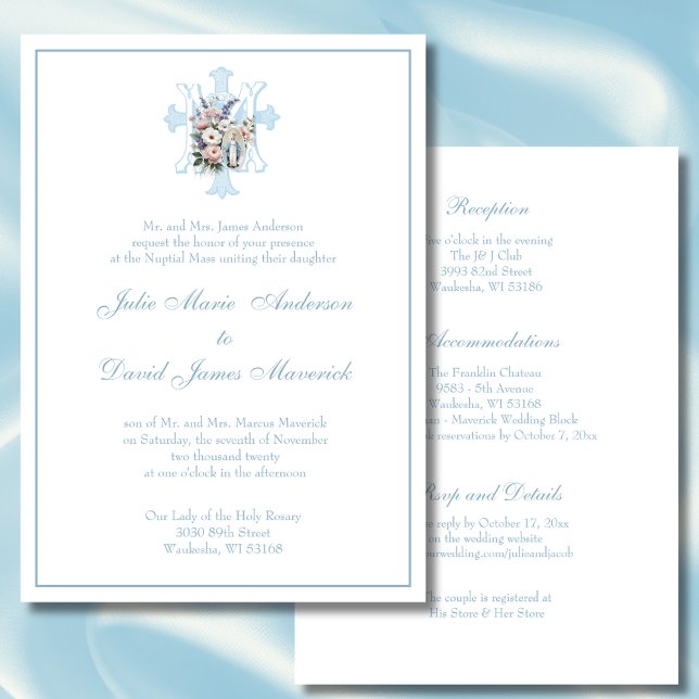 Elegant Marian Catholic Blue Wedding Invitation (Creator Uploaded)