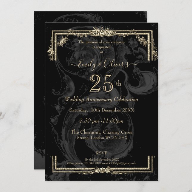 Elegant Marie Antoinette on black Anniversary  Invitation (Front/Back)