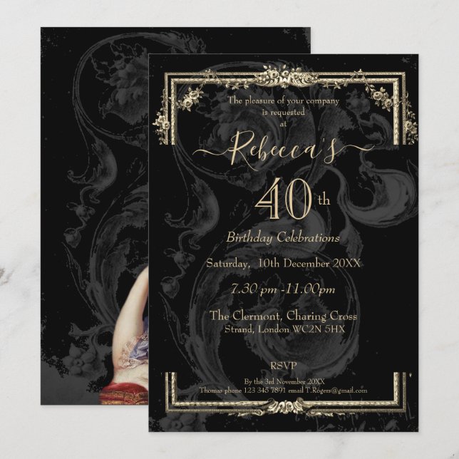 Elegant Marie Antoinette on black french inspired Invitation (Front/Back)