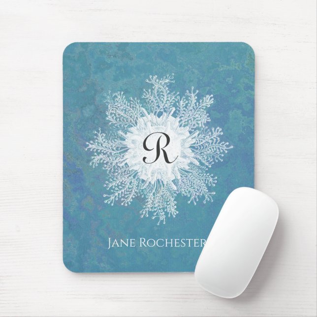 Elegant Marine Coral Blue Green Coral Monogram Mouse Mat (With Mouse)
