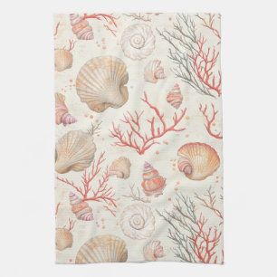 Elegant Marine Shells & Coral Branch Tea Towel