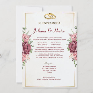 Elegant Maroon and Gold Floral Wedding Invitation