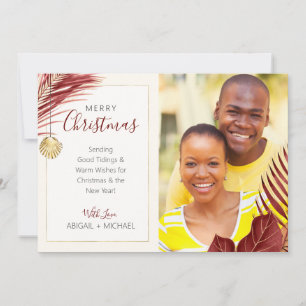 Elegant Maroon and Gold Tropical Christmas Photo Holiday Card