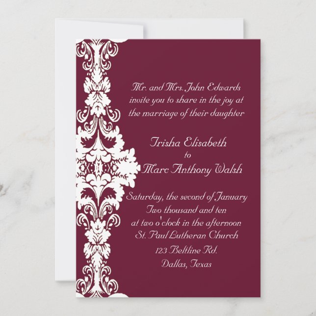 Elegant maroon and white Wedding Invitation (Front)
