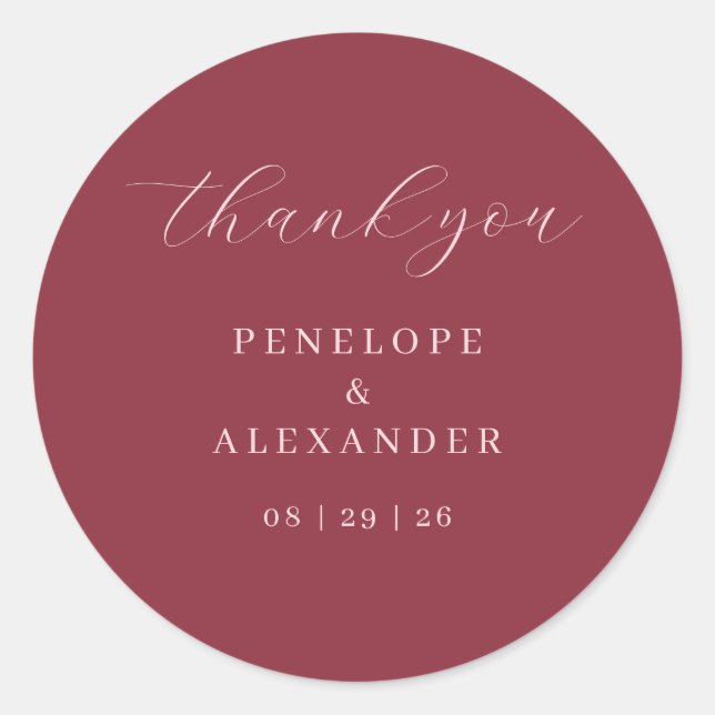Elegant Maroon Calligraphy Thank You Classic Round Sticker (Front)