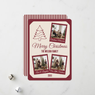 Elegant Maroon Custom 3 Photo Collage Christmas Holiday Card