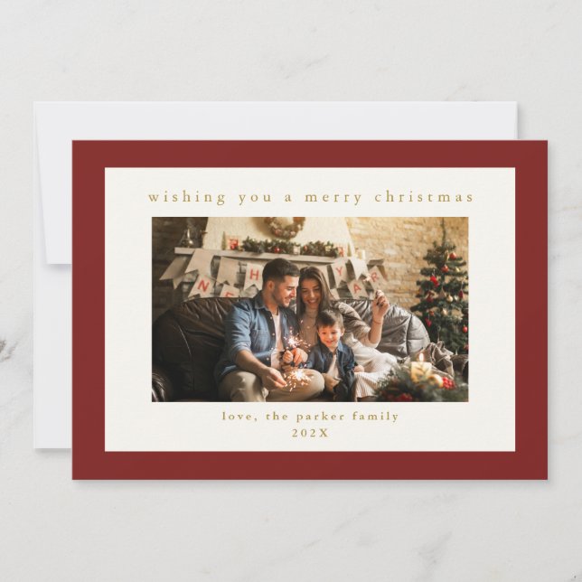 Elegant Maroon Custom Photo Christmas Holiday Card (Front)