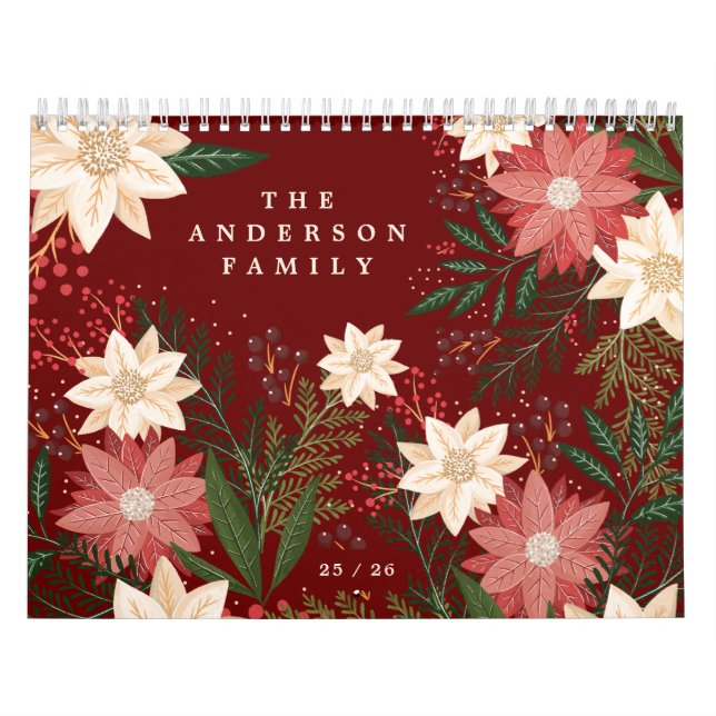 Elegant Maroon Family Name Poinsettia Christmas Calendar (Cover)