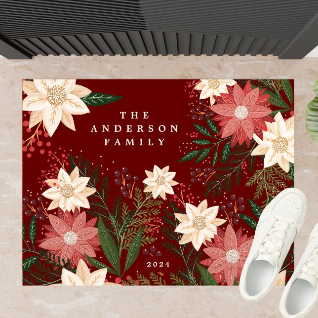 Elegant Maroon Family Name Poinsettia Christmas Doormat (Creator Uploaded)