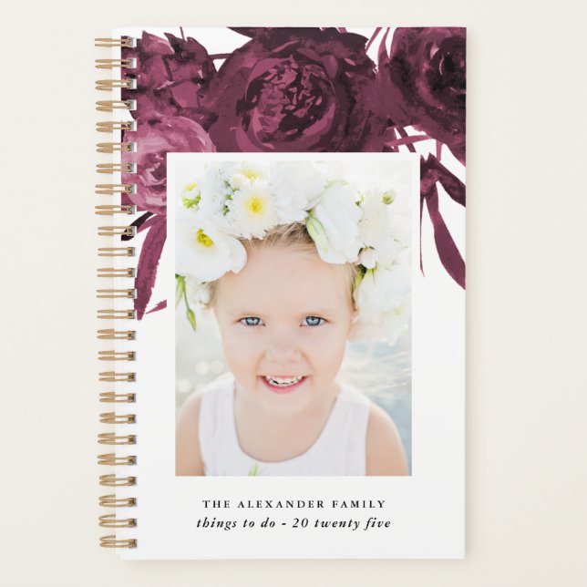 Elegant Maroon Floral Bouquet with Name and Photo Planner (Front)