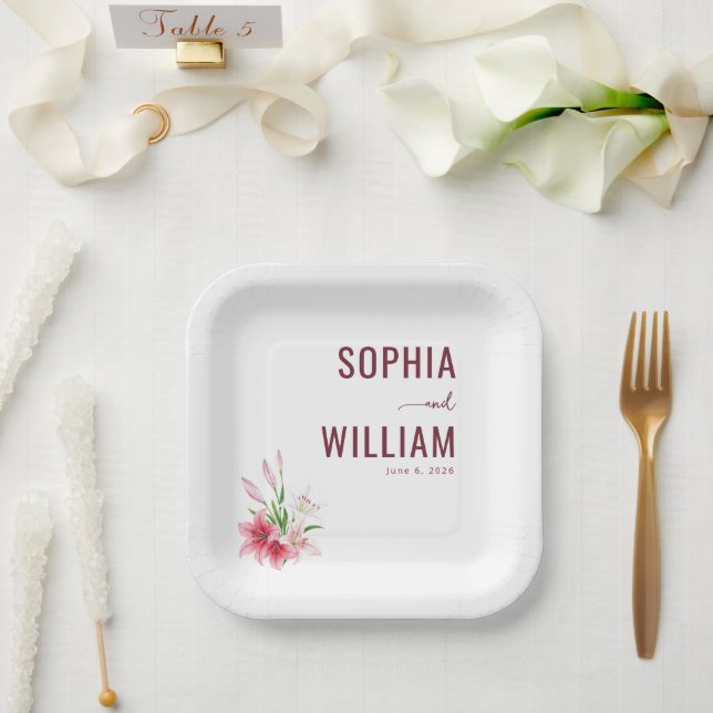 Elegant Maroon Floral Paper Plate (Wedding)