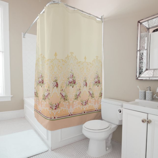 Elegant Maroon Flowers and Gold Filigree Shower Curtain (In Situ)