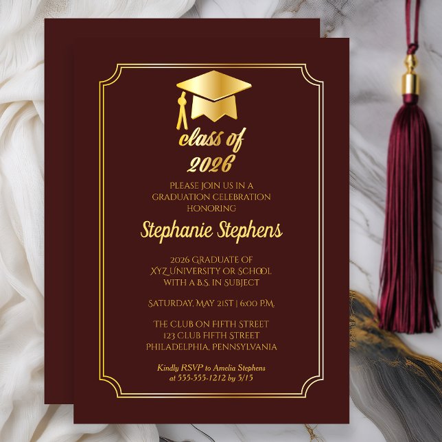 Elegant Maroon | Gold Cap College Graduation Party Invitation (Class of 2026 Elegant Maroon Gold College Graduation Party)