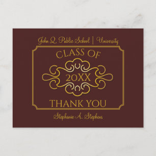 Elegant Maroon Gold College Graduation Thank You Postcard