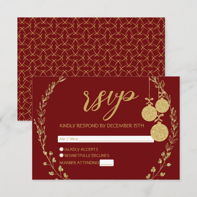 Elegant Maroon Gold Glitter Wreath Christmas Party RSVP Card (Front/Back)