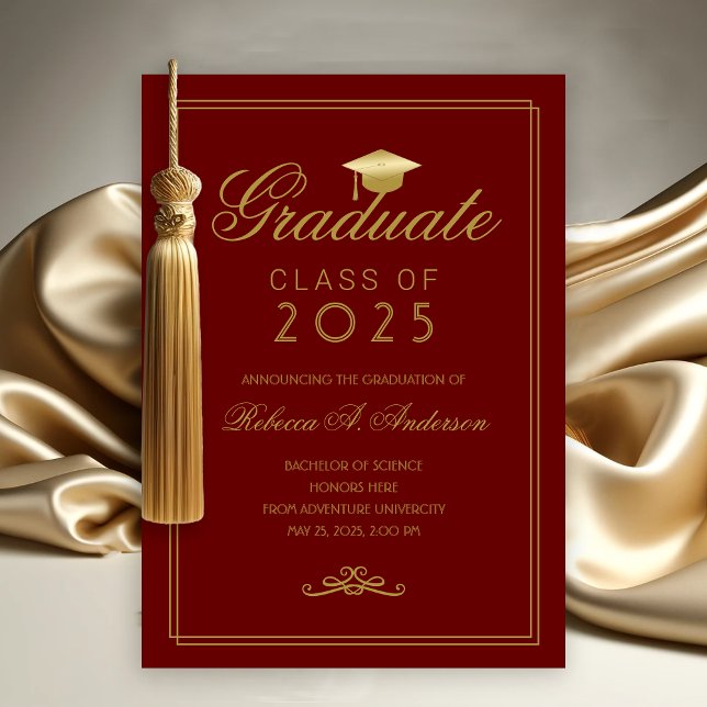 Elegant Maroon Gold Grad Cap College Graduation  Announcement (Maroon and Gold College Graduation Announcement)