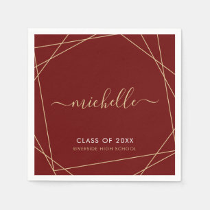 Elegant Maroon Gold Graduation Name Geometric Napkin
