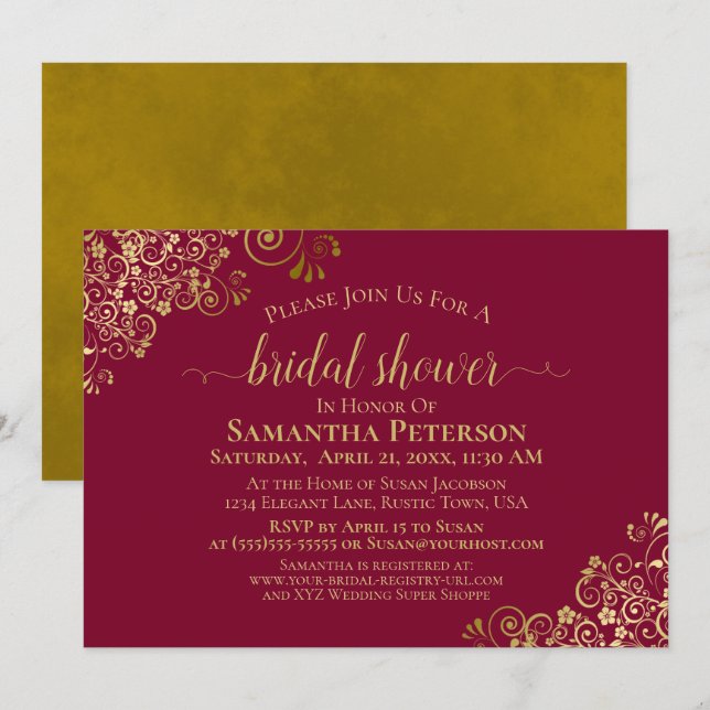 Elegant Maroon & Gold Lace Frills Bridal Shower Invitation (Front/Back)