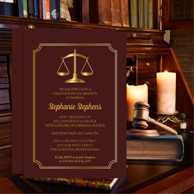 Elegant Maroon Gold Law Attorney Graduation Party Invitation (Elegant Maroon and Gold Tone Law Attorney | Lawyer Graduation Announcement | Party Invitation )