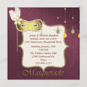 Elegant Maroon & Gold Masquerade Party Invitation