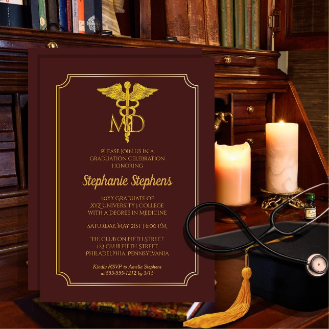 Elegant Maroon Gold MD Physician Graduation Party Invitation (Elegant Maroon and Gold Tone "MD" Physician | Doctor Graduation Announcement | Party Invitation)