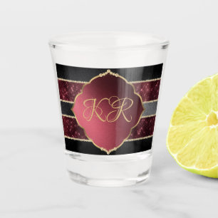 Elegant Maroon & Gold Monogram Initials Shot Glass
