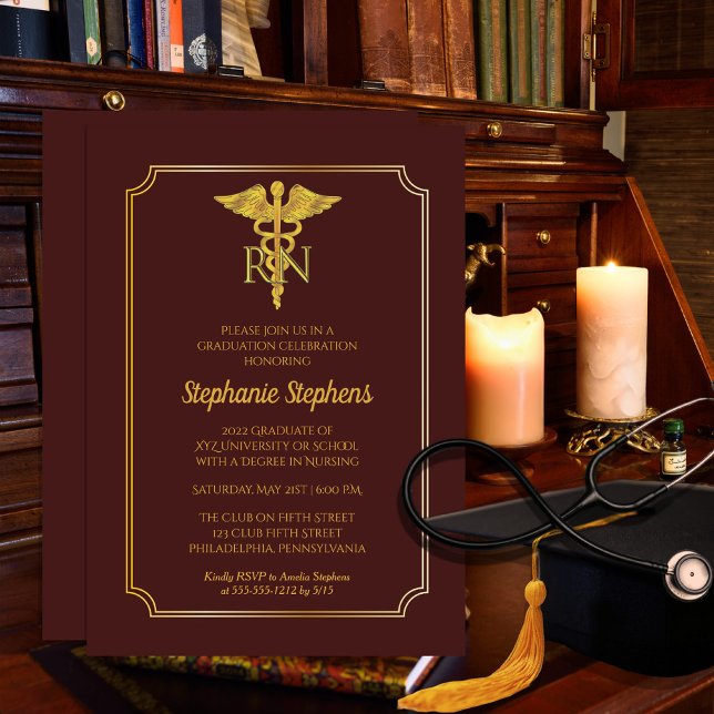 Elegant Maroon | Gold Nurse RN Graduation Party Invitation (Creator Uploaded)