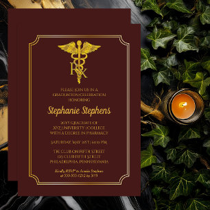 Elegant Maroon   Gold Rx Pharmacy Graduation Party Invitation