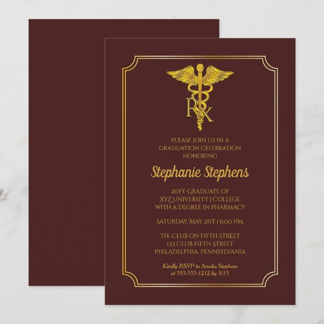 Elegant Maroon | Gold Rx Pharmacy Graduation Party Invitation (Front/Back)