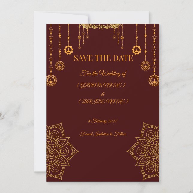 Elegant Maroon & Gold Save the Date Card (Front)