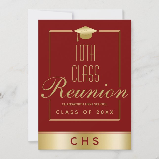 Elegant Maroon Gold Script 10th Class Reunion Invitation (Front)