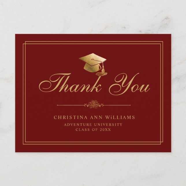 Elegant Maroon Gold Script Graduation Thank You Postcard (Front)