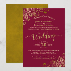 Elegant Maroon & Gold Virtual Wedding Livestream Invitation